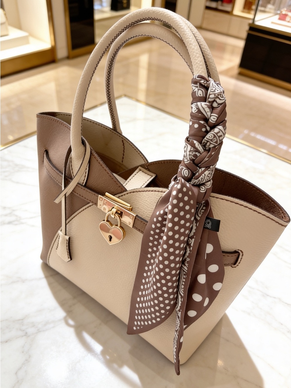 Two-Tone ‘Kelly-style’ Top-Handle Bag with Heart Lock & Key
